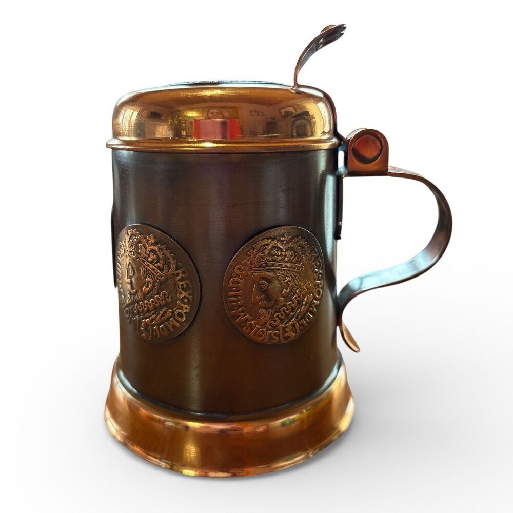 Vintage Copper Beer Stein Tankard King Sigismund I Rex Poloniae Hinged Lid